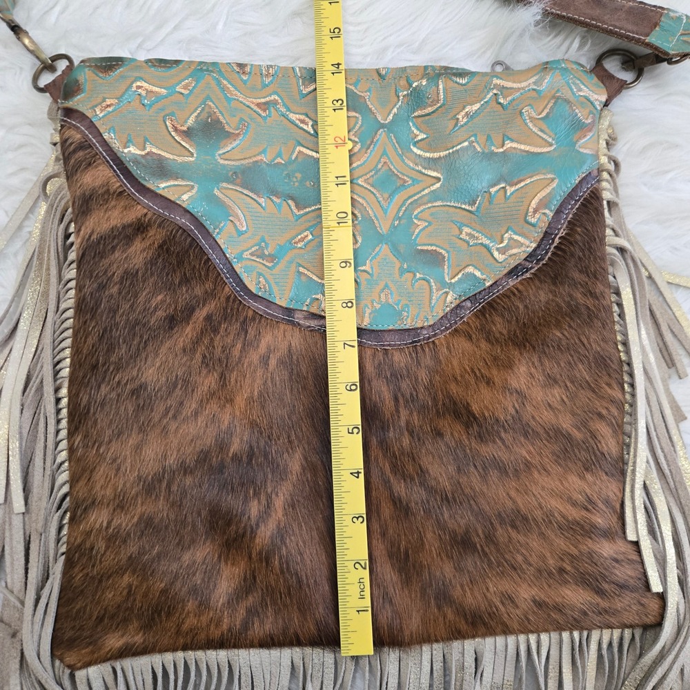 Dancing Cactus Designs Cowhide Fringe Crossbody Bag Turquoise Leather Western - Picture 8 of 16